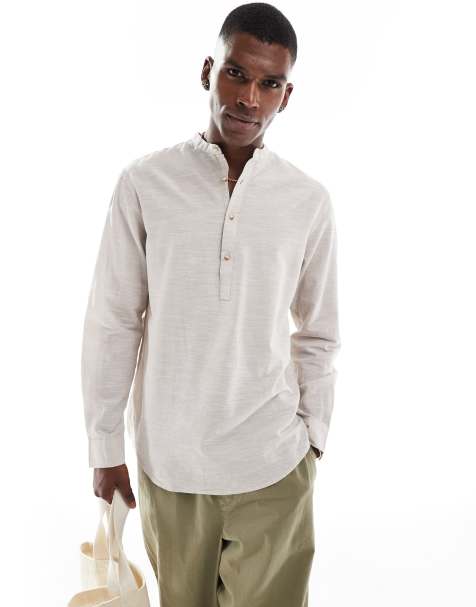 Jack & Jones – Beżowa zakładana przez głowę koszula z domieszką lnu - view 1
