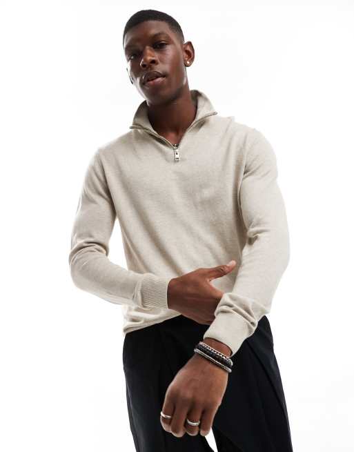 Jack & Jones – Beżowy dzianinowy sweter z suwakiem pod szyją