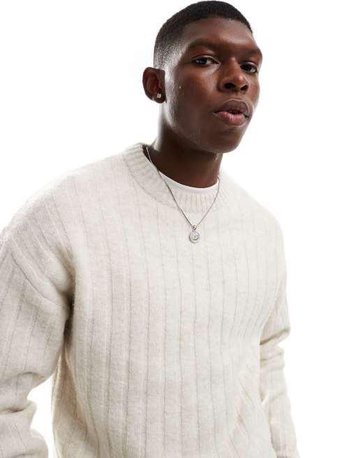 Jack & Jones – Beżowy sweter oversize z szerokimi prążkami