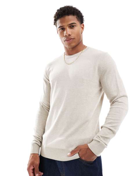 Jack & Jones fine gauge crew neck jumper in beige
