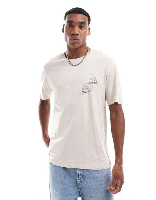 Jack & Jones – Beżowy T-shirt oversize z nadrukiem czaszek na plecach , 2 z 4