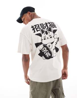 Jack & Jones – Beżowy T-shirt oversize z nadrukiem kota przynoszącego szczęście na plecach