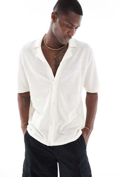 Jack & Jones oversized button through knitted polo in white