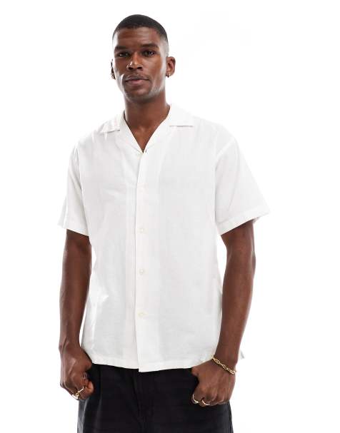 Jack & Jones revere collar linen blend shirt in white