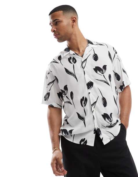 Jack & Jones revere collar floral print shirt sleeve shirt in white