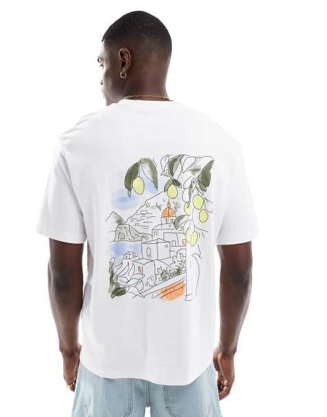 Jack & Jones – Biały T-shirt oversize z grubej dzianiny z nadrukiem z motywem Amalfi - view 1