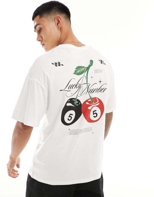 Jack & Jones – Biały T-shirt oversize z nadrukiem Lucky Number na plecach