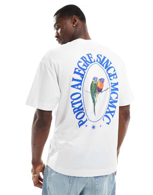 Jack & Jones – Biały T-shirt oversize z nadrukiem Porto na plecach 