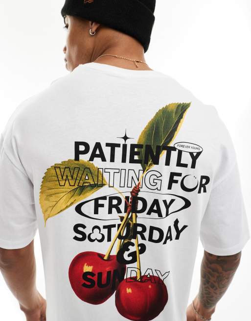 Jack & Jones – Biały T-shirt oversize z nadrukiem wiśni na plecach