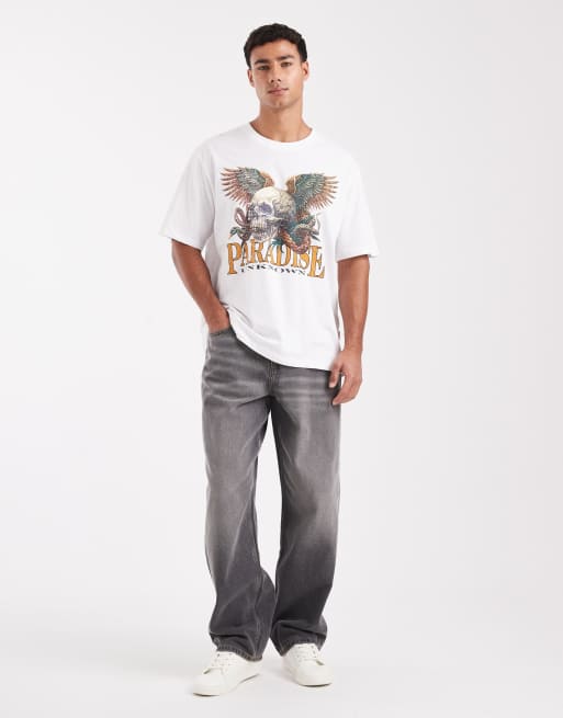 Jack & Jones – Biały T-shirt oversize z nadrukiem z czaszką, 2 z 5