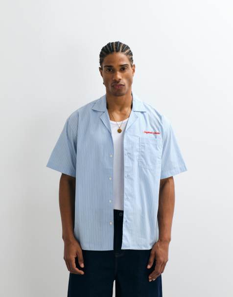 Jack & Jones - Blå skjorte med striber og lommebroderi i poplin - view 1