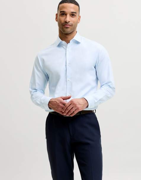 Jack & Jones Blaparker slim fit spread collar long sleeve shirt in blue - view 1
