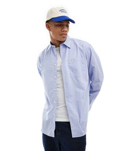 Jack & Jones – Blårandig poplinskjorta i oversize av bomull - view 1