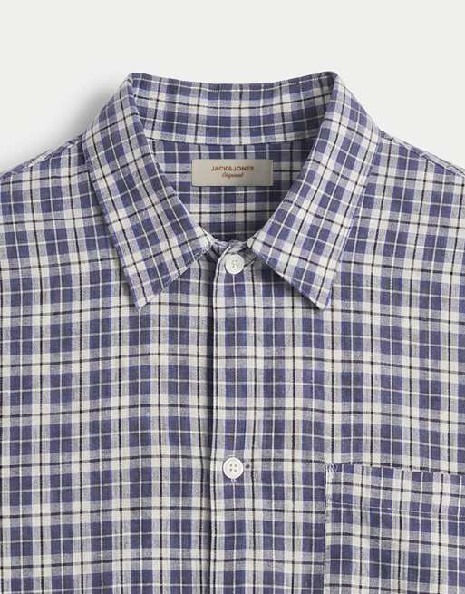 Jack & Jones – Blårutig, kort skjorta i linnemix med korta ärmar, 8 av 9