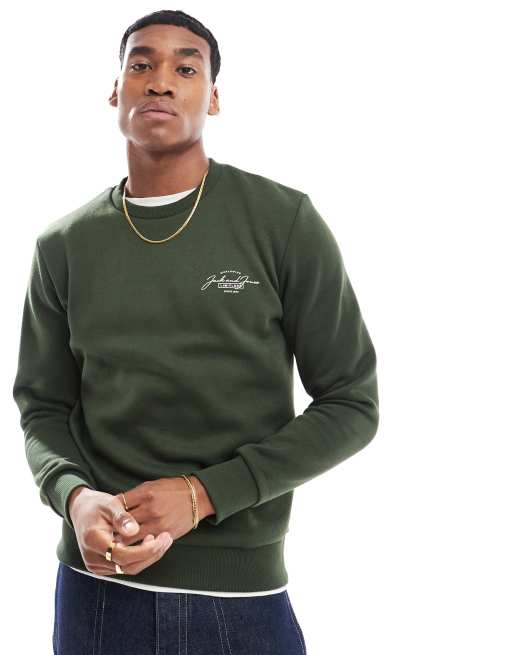 Jack & Jones – Bluza w kolorze khaki z okrągłym dekoltem i napisem z logo