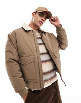 Jack & Jones Jack & Jones bomber jacket with collar in beige-Neutral