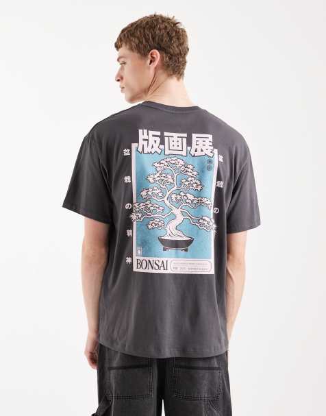 Jack & Jones bonsai tree back and chest prints t-shirt in charcoal gray - view 1