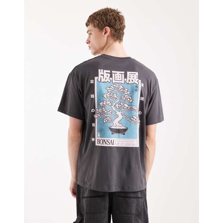 Jack & Jones bonsai tree back and chest prints t-shirt in charcoal