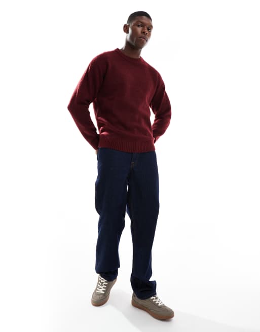 Jack & Jones oversized fluffy crew neck jumper in burgundy