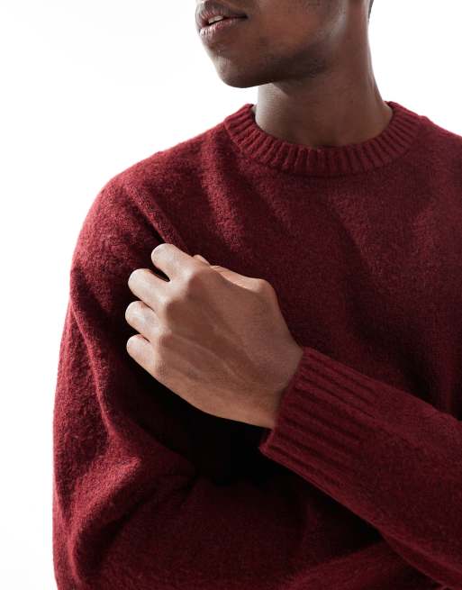 Jack & Jones oversized fluffy crew neck jumper in burgundy