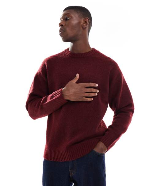 Jack & Jones oversized fluffy crew neck jumper in burgundy