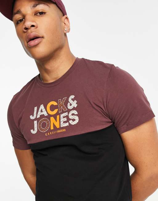Jack & Jones – Bordowy T-shirt z okrągłym dekoltem i logo