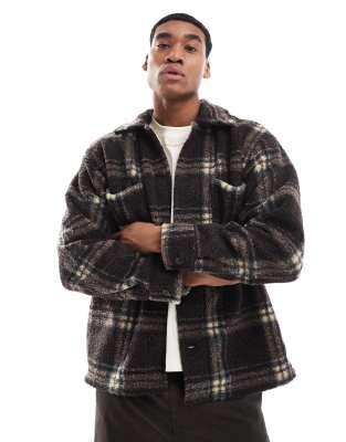 Jack & Jones Borg Shacket In Brown Check