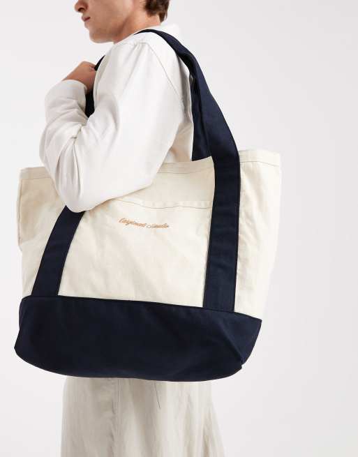 Jack & Jones - Borsa shopping grande in tela color panna con ricamo