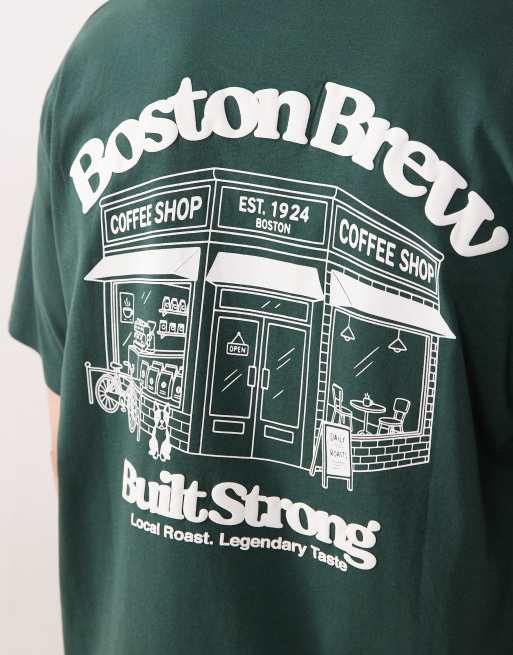 Jack & Jones Boston coffee shop backprint t-shirt in dark green, 4 of 5