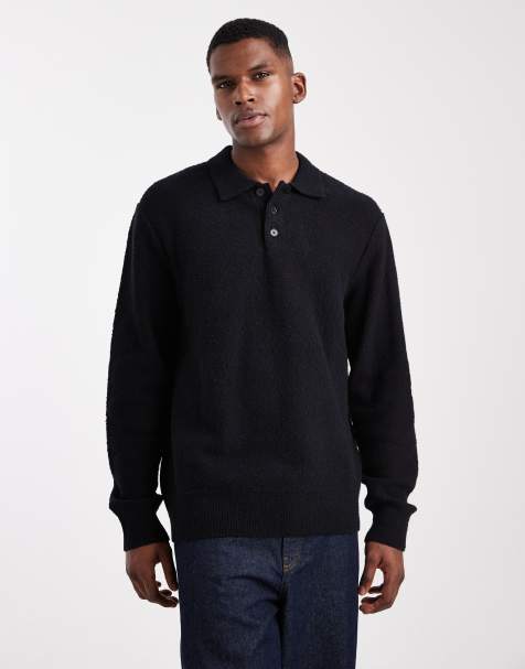 Jack & Jones boucle polo jumper in black - view 1