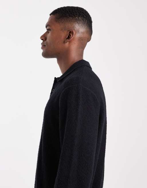 Jack & Jones boucle polo jumper in black, 3 of 5