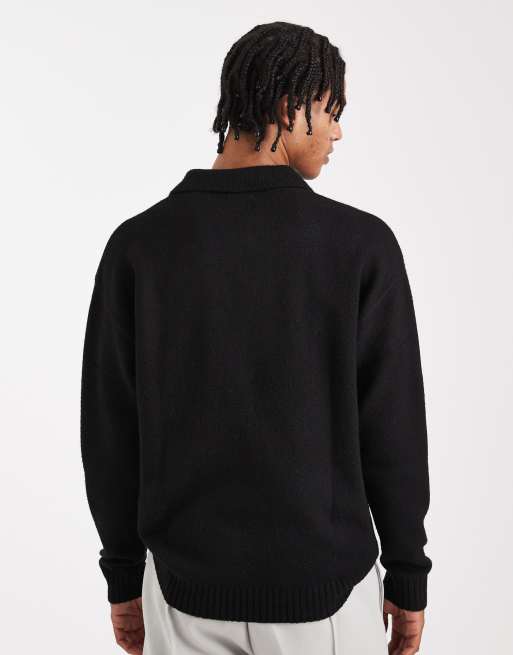 Jack & Jones boucle polo jumper in black, 3 of 5