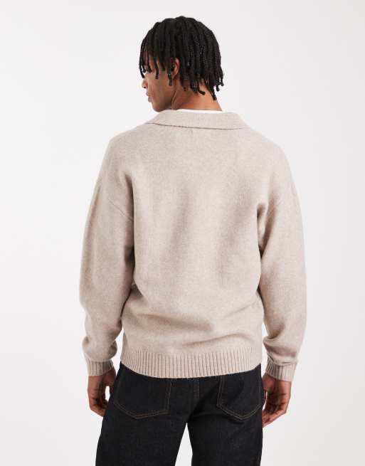 Jack & Jones boucle polo sweater in cream, 3 of 5