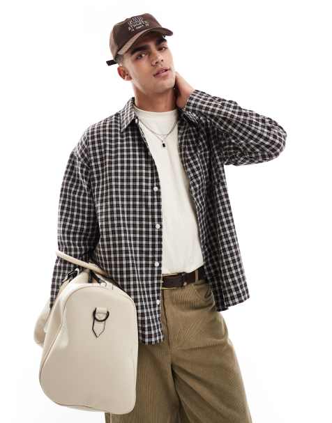 Jack & Jones boxy checked shirt in brown - view 1