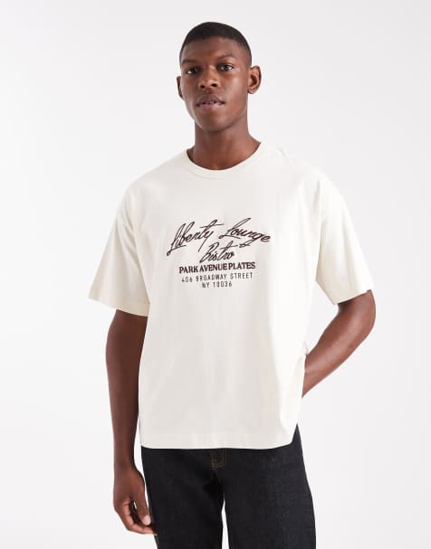Jack & Jones boxy crop t-shirt with embroidered text in cream