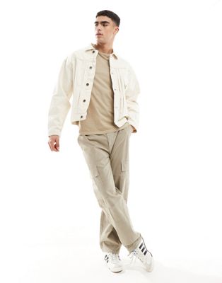 boxy fit denim jacket with front pocket in ecru-White