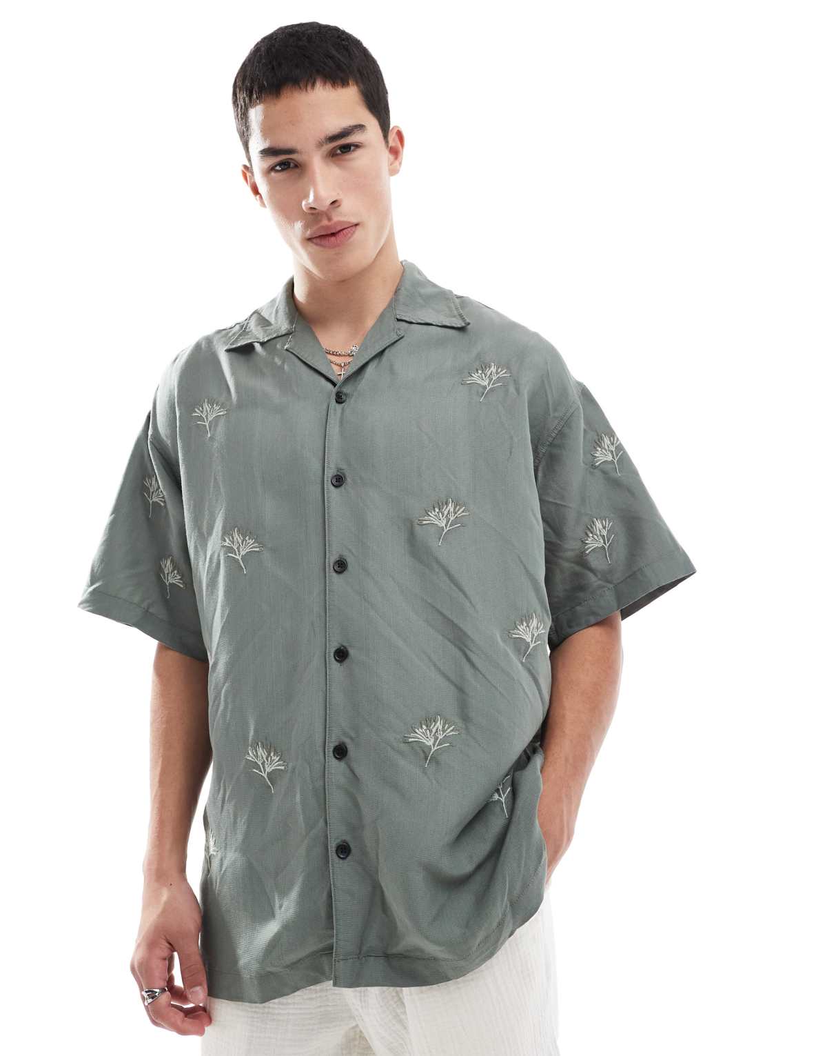 Jack & Jones boxy fit revere collar shirt with flower embroidery in khaki