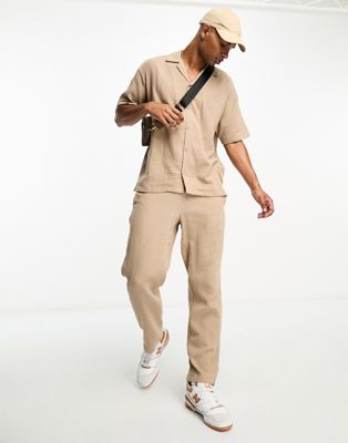 Jack & Jones boxy fit revere shirt co-ord with waffle texture in sand
