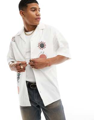 Jack & Jones Jack & Jones boxy fit revere shirt with placement prints in white