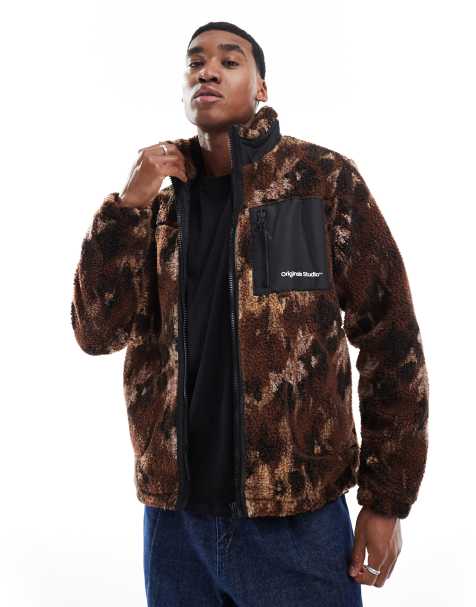Jack & Jones zip through borg fleece in brown print