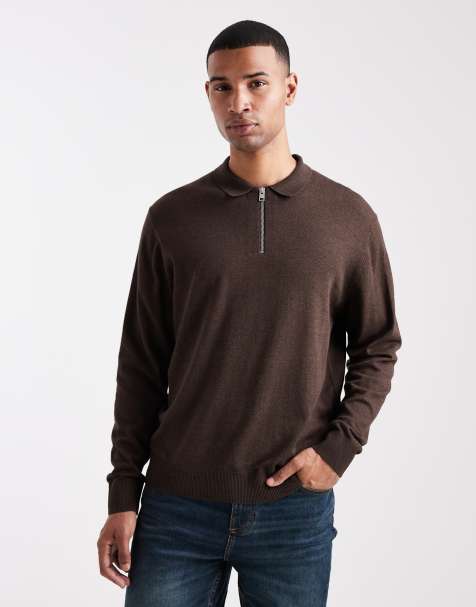Jack & Jones quarter zip knitted polo in brown