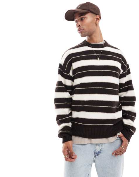 Jack & Jones – Brązowy puszysty sweter oversize z okrągłym dekoltem w paski - view 1