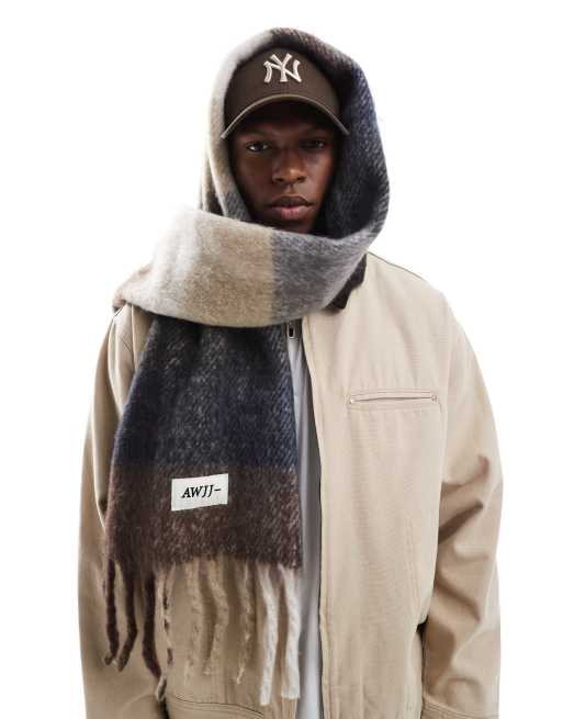 Jack & Jones – Brązowy puszysty szalik z grubej dzianiny w kratkę 