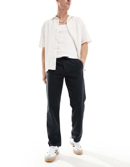 Jack & Jones - Broek van linnen met rechte pijpen en elastische taille in zwart