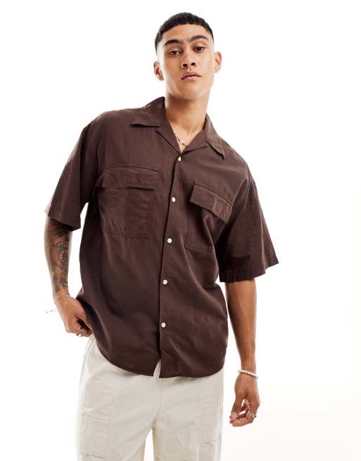 Jack & Jones – Brun linneskjorta i oversize med cargoficka