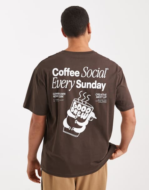 Jack & Jones – Brun t-shirt med kaffetryck baktill - view 1