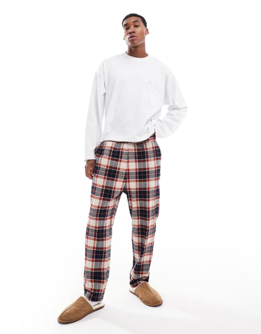 Jack & Jones brushed check pyjama bottoms in beige & rust 