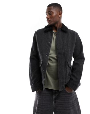 Jack & Jones brushed jacket with shearling collar in grey check