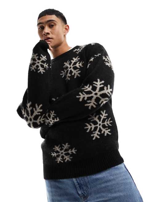 Jack & Jones brushed jumper with snowflakes in black