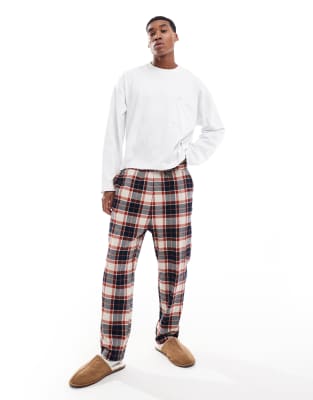 brushed plaid pajama bottom in beige & rust-Neutral